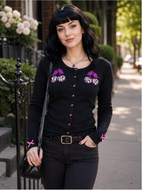 Sourpuss Cardigan Women’s L Leopard Cherry Embroidered Rockabilly Pinup Black